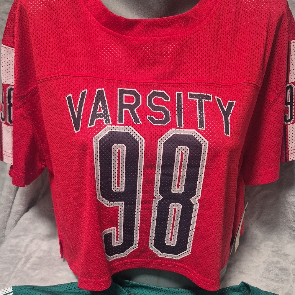 No Boundaries 2 Women's Mesh Varsity Tops Red and Green - Picture 2 of 7